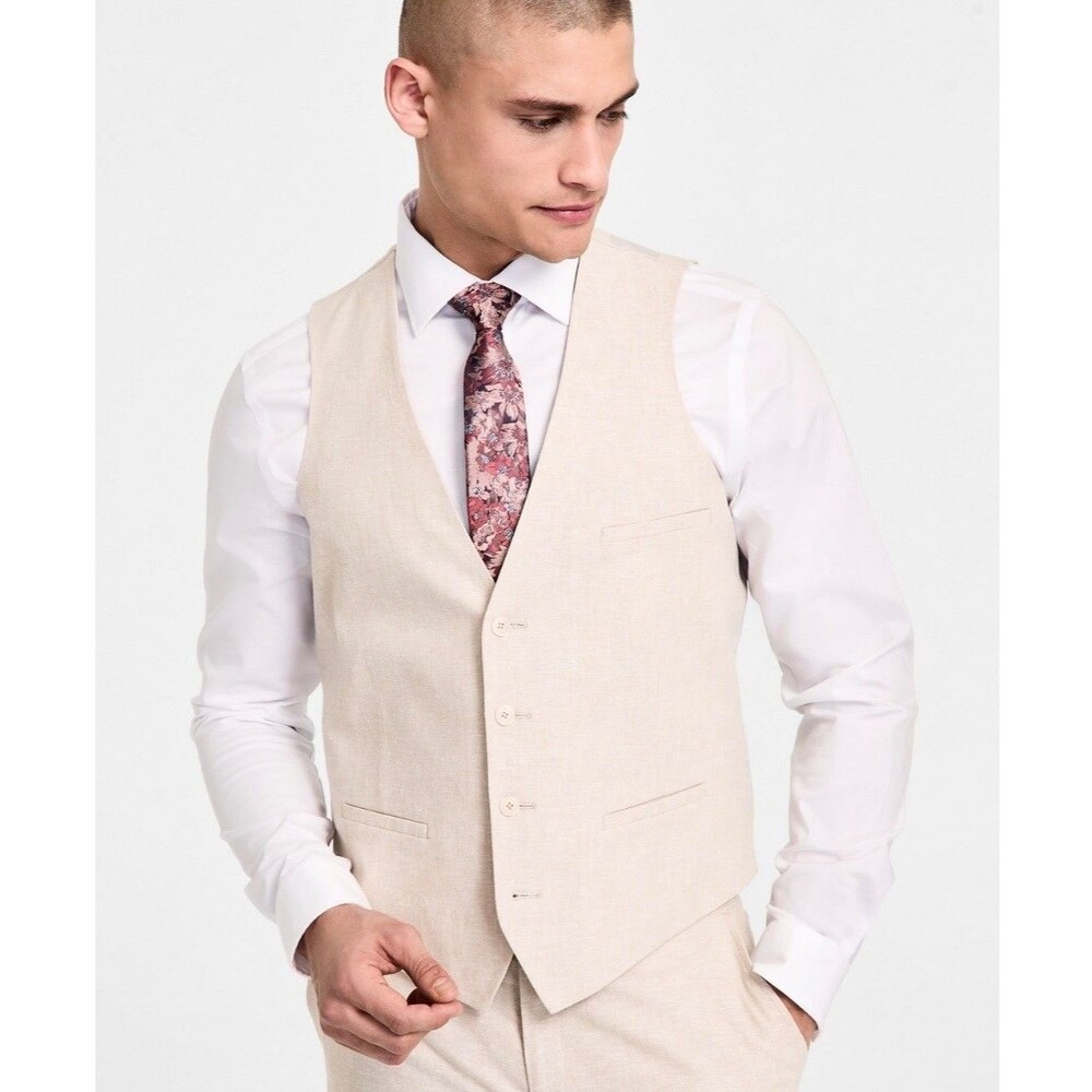 $115 NEW BAR III Mens Medium Natural Tan Linen Blend Slim Fit Suit Jacket Vest